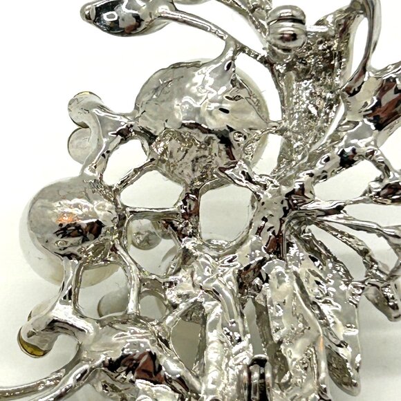 Faux Pearl & Rhinestone Brooch Silver-tone Floral Pin Glam Elegant - Picture 9 of 15
